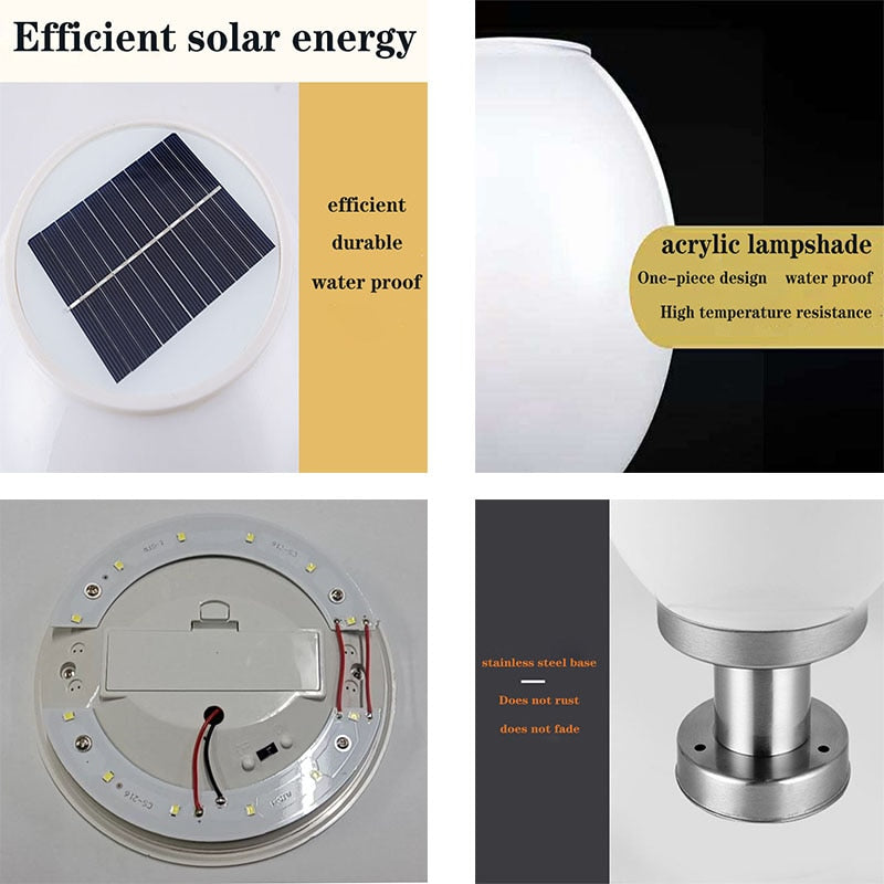 LED Round Ball Stainless Steel Solar Powered Lamp Outdoor IP65 Waterproof