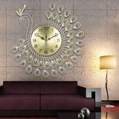 3D Gold Diamond Peacock Wall Clock