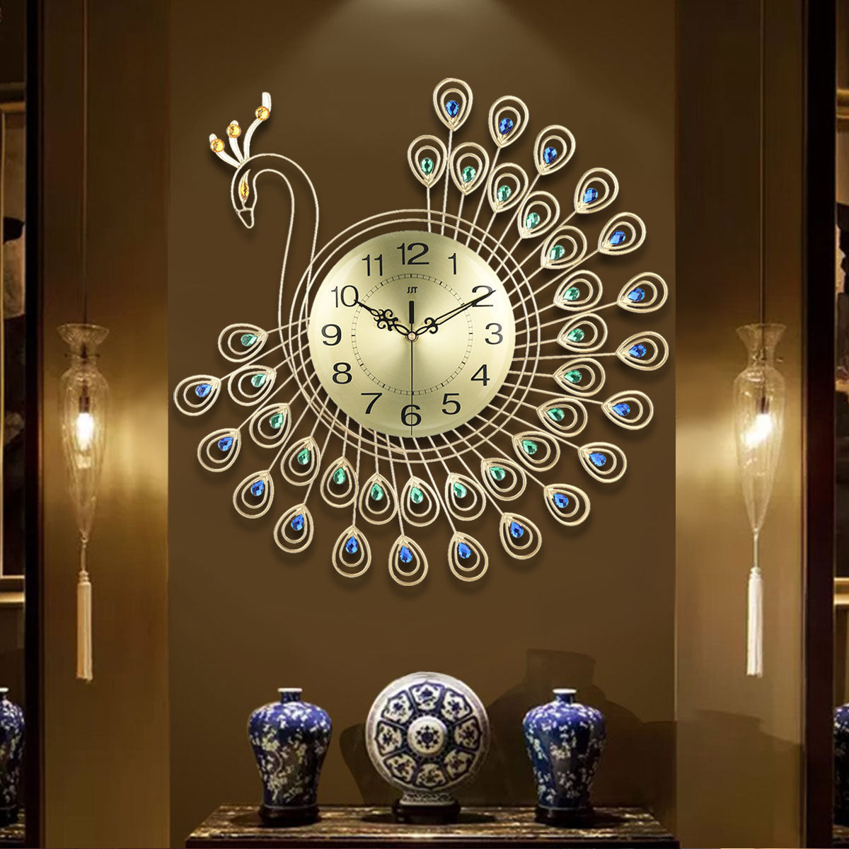 3D Gold Diamond Peacock Wall Clock